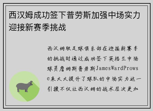 西汉姆成功签下普劳斯加强中场实力迎接新赛季挑战 西汉姆成功签下普劳斯加强中场实力迎接新赛季挑战