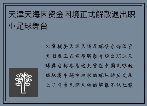天津天海因资金困境正式解散退出职业足球舞台